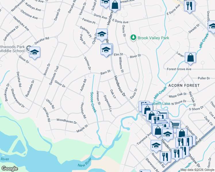map of restaurants, bars, coffee shops, grocery stores, and more near 523 Oak Lane in Jacksonville