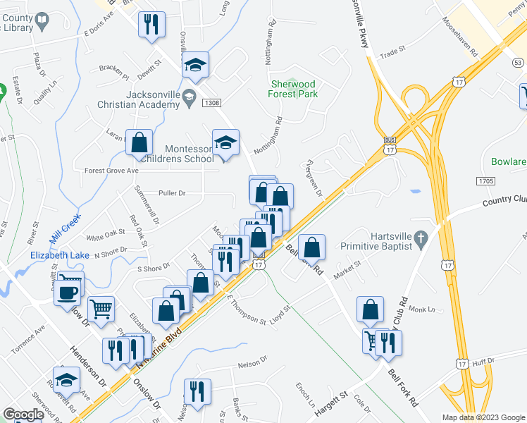 map of restaurants, bars, coffee shops, grocery stores, and more near 715 Gum Branch Road in Jacksonville