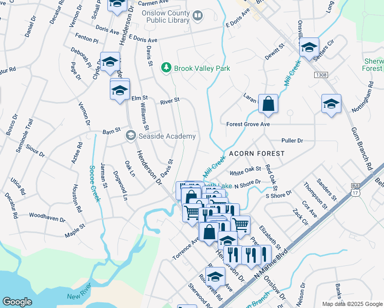 map of restaurants, bars, coffee shops, grocery stores, and more near 1019 River Street in Jacksonville