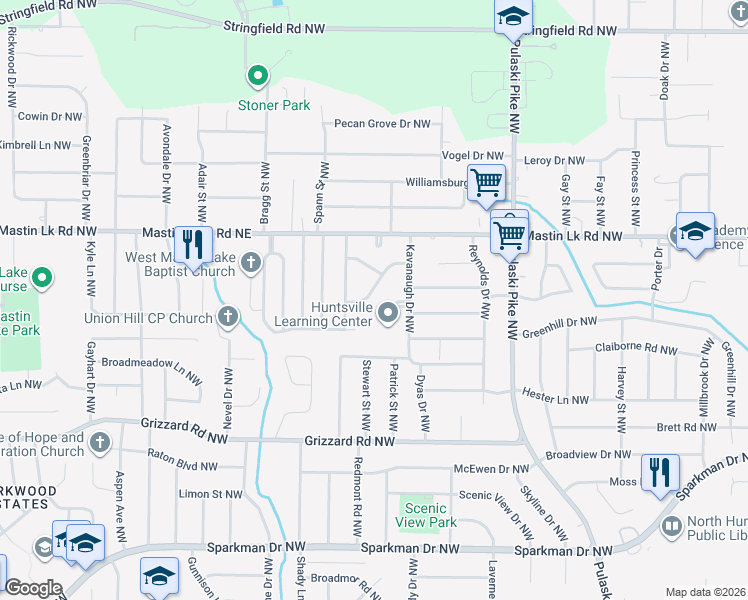 map of restaurants, bars, coffee shops, grocery stores, and more near 3305 Kavanaugh Circle Northwest in Huntsville
