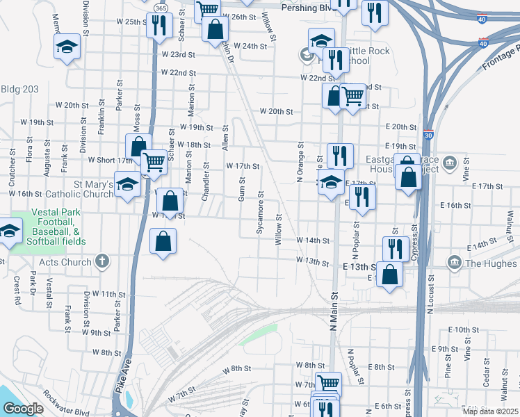 map of restaurants, bars, coffee shops, grocery stores, and more near 1501 Sycamore Street in North Little Rock