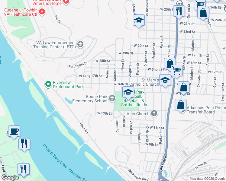 map of restaurants, bars, coffee shops, grocery stores, and more near 1501 Crutcher Street in North Little Rock