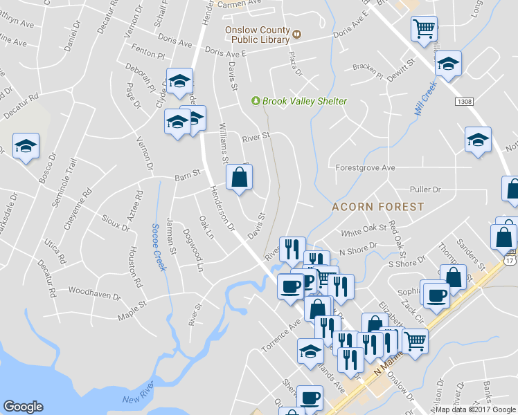map of restaurants, bars, coffee shops, grocery stores, and more near 1105 Davis Street in Jacksonville
