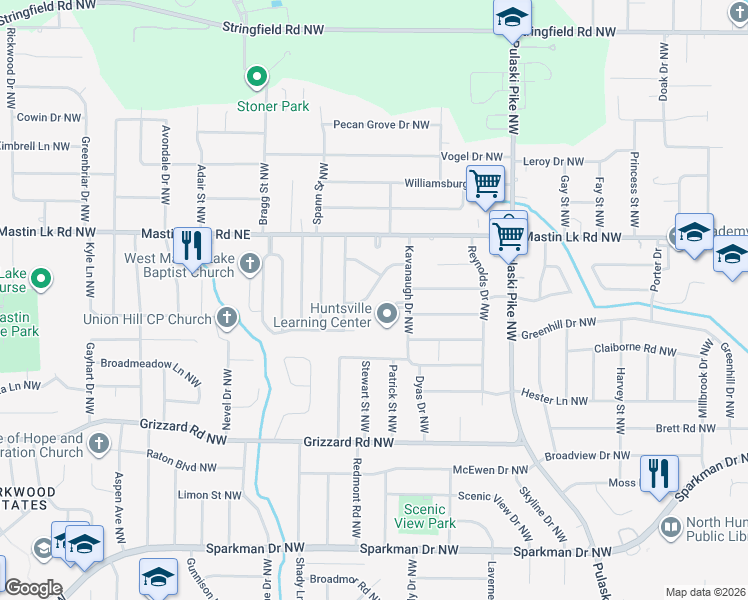 map of restaurants, bars, coffee shops, grocery stores, and more near 3305 Kavanaugh Circle Northwest in Huntsville