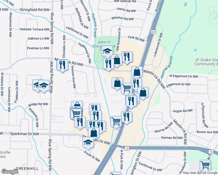 map of restaurants, bars, coffee shops, grocery stores, and more near 2218 Jonathan Drive Northwest in Huntsville