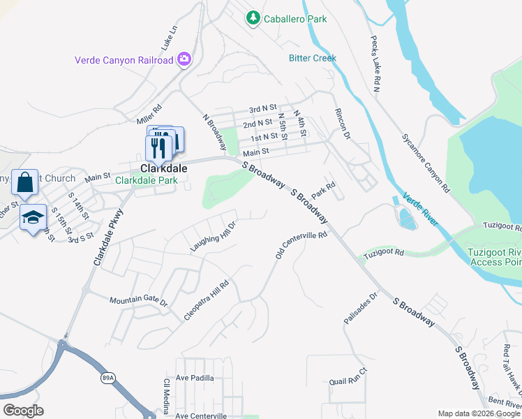 map of restaurants, bars, coffee shops, grocery stores, and more near 289 Laughing Hill Drive in Clarkdale