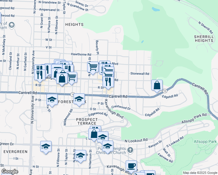map of restaurants, bars, coffee shops, grocery stores, and more near 4910 Kavanaugh Boulevard in Little Rock