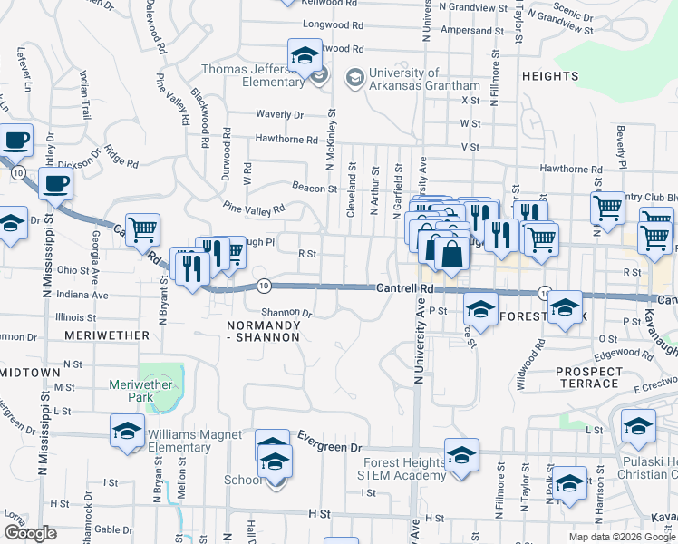 map of restaurants, bars, coffee shops, grocery stores, and more near 6400c Cantrell Road in Little Rock