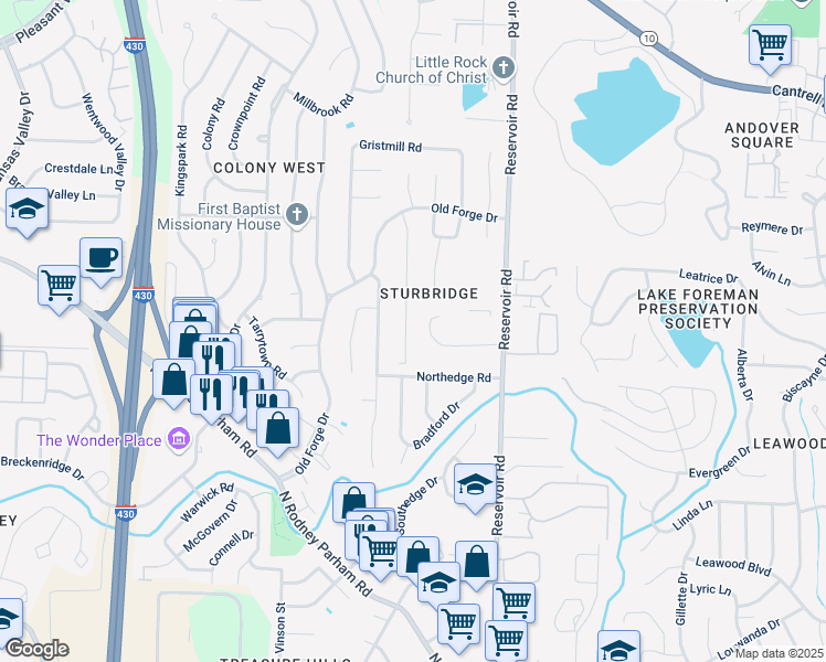map of restaurants, bars, coffee shops, grocery stores, and more near 1805 Sanford Drive in Little Rock
