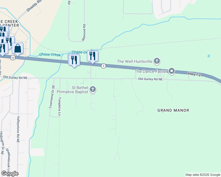 map of restaurants, bars, coffee shops, grocery stores, and more near 149 Hillside Road in Huntsville