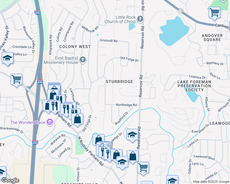 map of restaurants, bars, coffee shops, grocery stores, and more near 1812 Reservoir Road in Little Rock