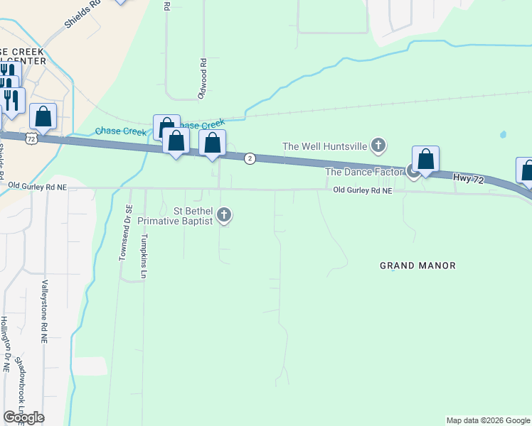 map of restaurants, bars, coffee shops, grocery stores, and more near 128 Hillside Road in Huntsville