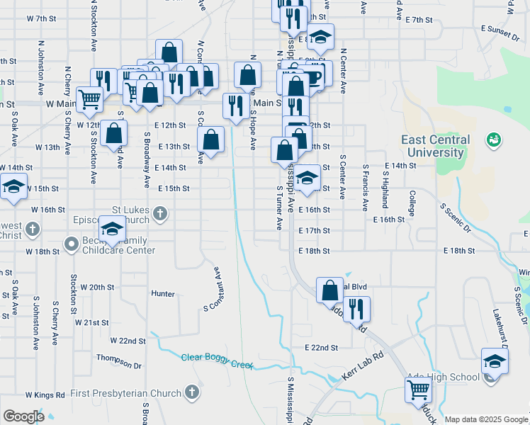 map of restaurants, bars, coffee shops, grocery stores, and more near 517 East 16th Street in Ada