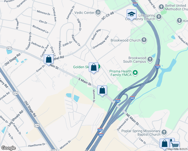 map of restaurants, bars, coffee shops, grocery stores, and more near 108 Balcome Boulevard in Simpsonville