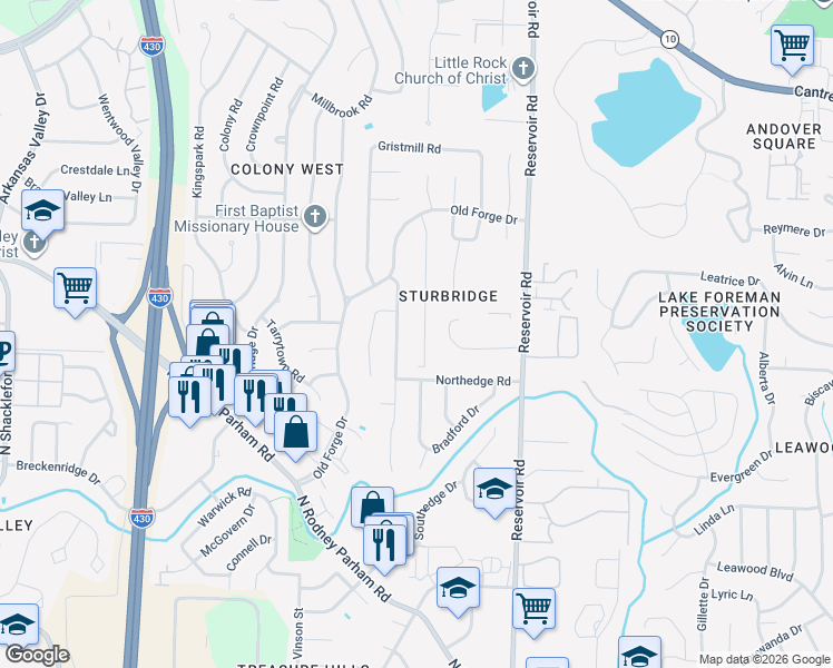 map of restaurants, bars, coffee shops, grocery stores, and more near 21 Coachlight Drive in Little Rock
