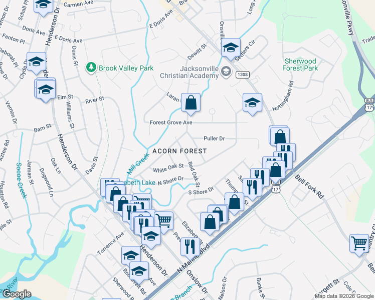 map of restaurants, bars, coffee shops, grocery stores, and more near 111 Red Oak Street in Jacksonville