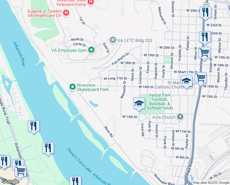 map of restaurants, bars, coffee shops, grocery stores, and more near 1415 Nannette Street in North Little Rock