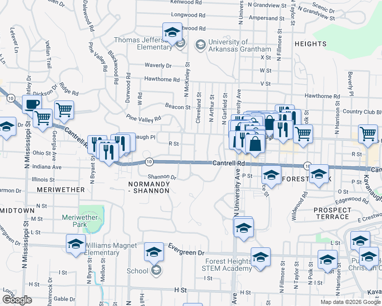 map of restaurants, bars, coffee shops, grocery stores, and more near 6400c Cantrell Road in Little Rock