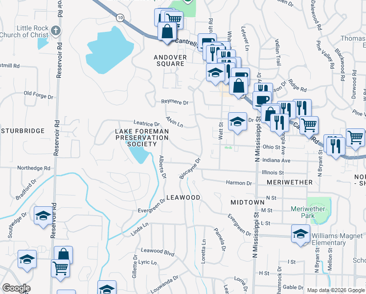 map of restaurants, bars, coffee shops, grocery stores, and more near 3 Chatham Court in Little Rock