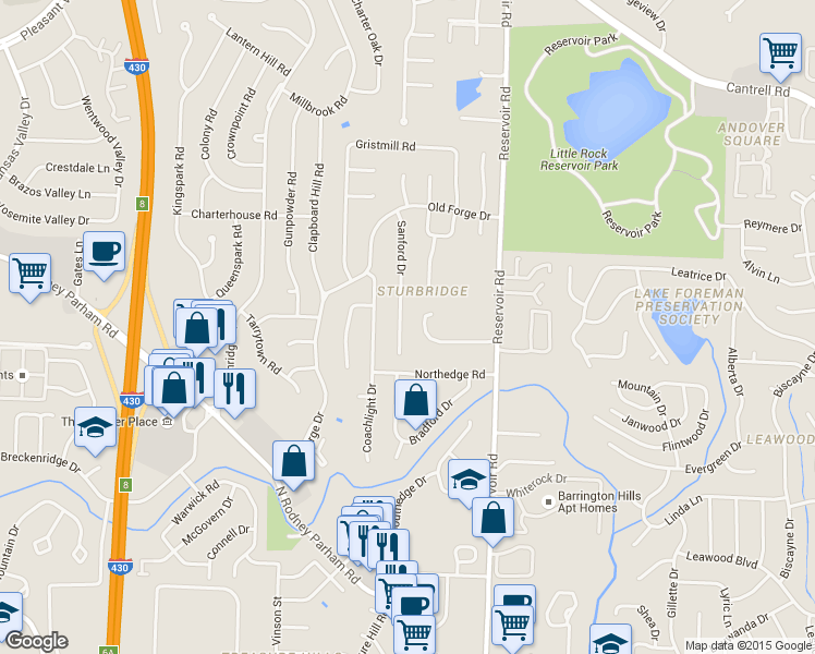 map of restaurants, bars, coffee shops, grocery stores, and more near 1812 Reservoir Road in Little Rock