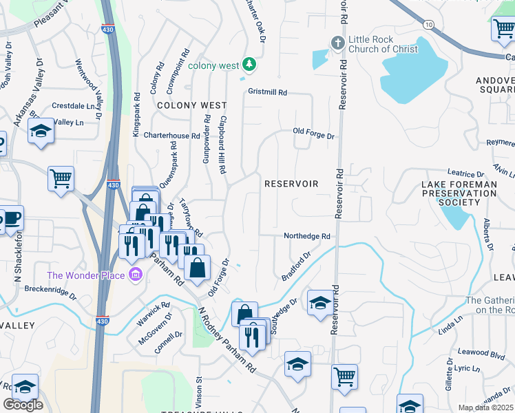 map of restaurants, bars, coffee shops, grocery stores, and more near 21 Coachlight Drive in Little Rock