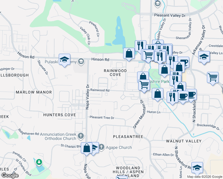 map of restaurants, bars, coffee shops, grocery stores, and more near 12015 Rainwood Road in Little Rock