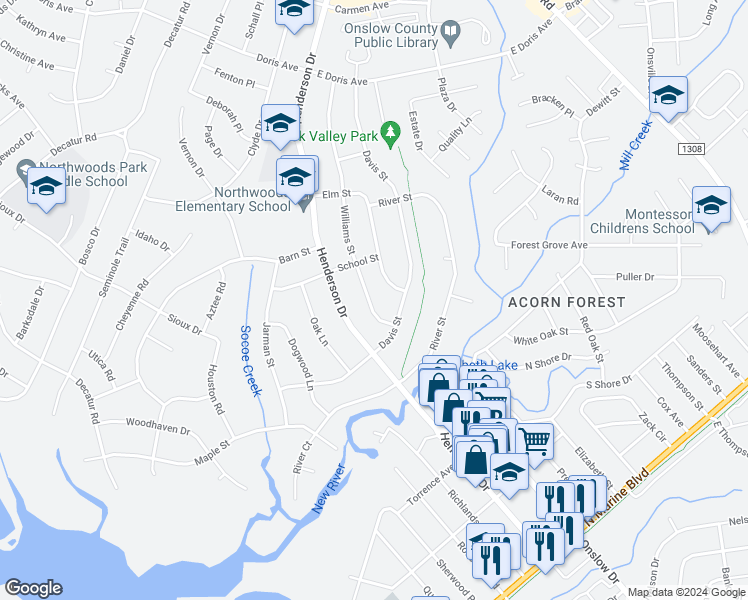 map of restaurants, bars, coffee shops, grocery stores, and more near 516 Williams Street in Jacksonville