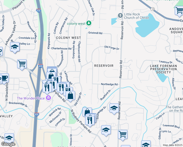 map of restaurants, bars, coffee shops, grocery stores, and more near 21 Coachlight Drive in Little Rock
