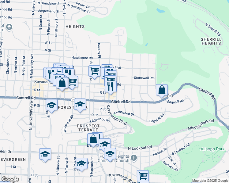 map of restaurants, bars, coffee shops, grocery stores, and more near 4910 Kavanaugh Boulevard in Little Rock