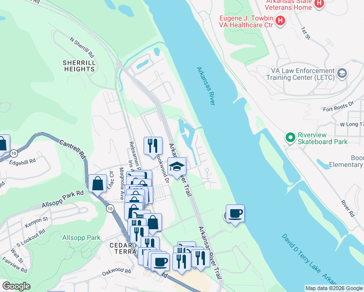 map of restaurants, bars, coffee shops, grocery stores, and more near 2101 Riverfront Drive in Little Rock