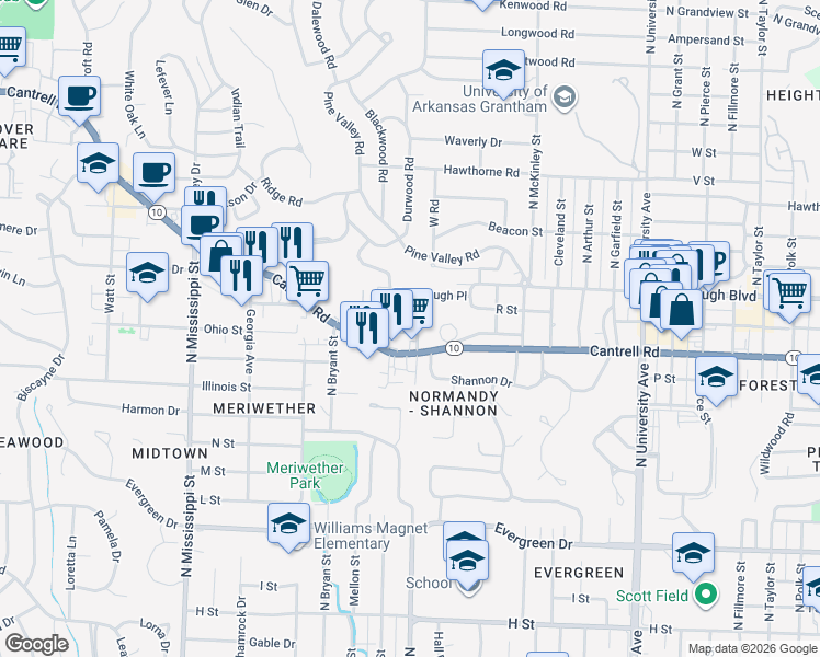 map of restaurants, bars, coffee shops, grocery stores, and more near 45 Shannon Drive in Little Rock
