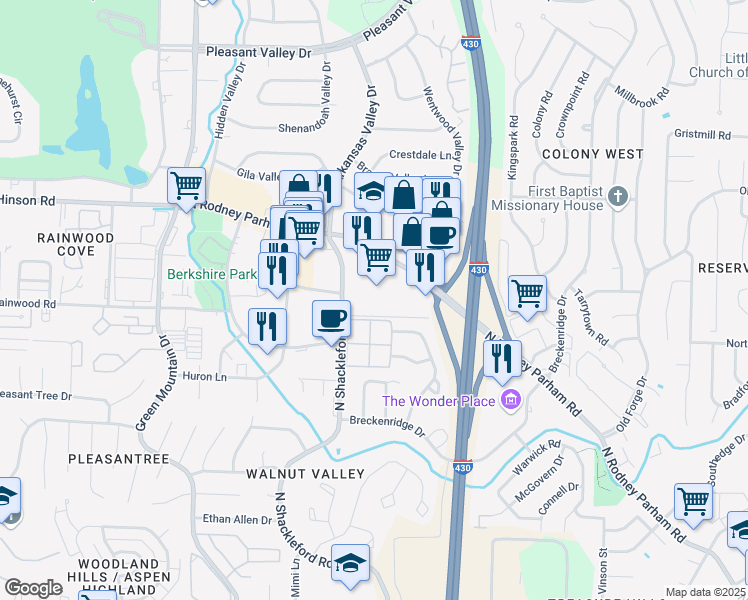 map of restaurants, bars, coffee shops, grocery stores, and more near 10901 North Rodney Parham Road in Little Rock