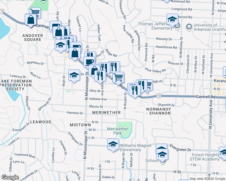 map of restaurants, bars, coffee shops, grocery stores, and more near 7302 Indiana Avenue in Little Rock