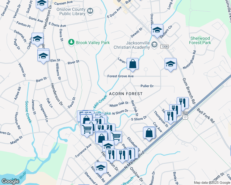map of restaurants, bars, coffee shops, grocery stores, and more near 115 Dewitt Street in Jacksonville