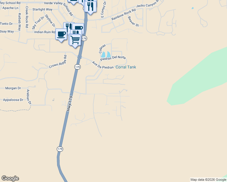 map of restaurants, bars, coffee shops, grocery stores, and more near 30 Wild Horse Mesa Drive in Sedona