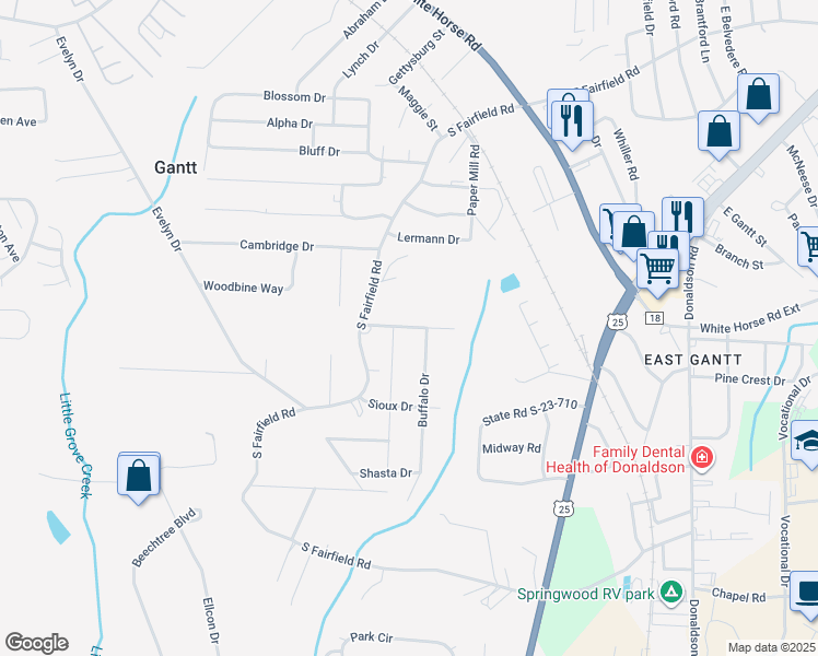 map of restaurants, bars, coffee shops, grocery stores, and more near 9 Buffalo Drive in Greenville