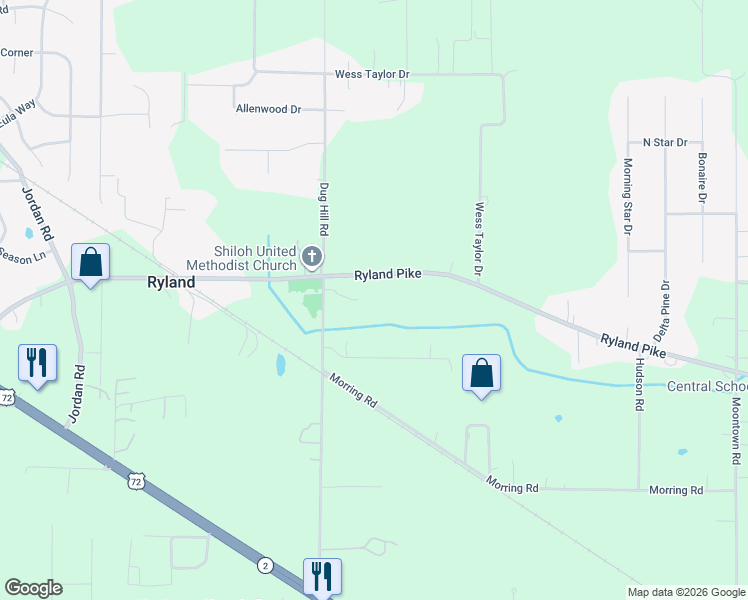 map of restaurants, bars, coffee shops, grocery stores, and more near 566 Ryland Pike in Huntsville
