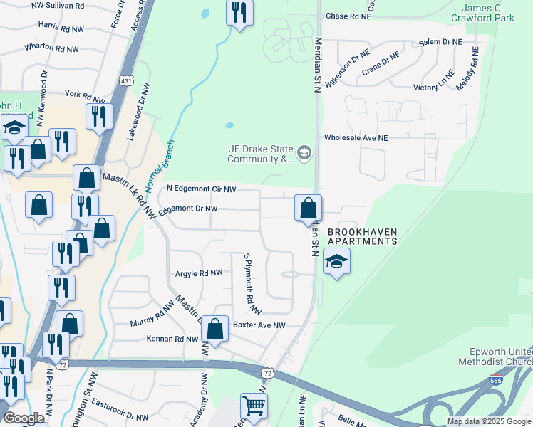 map of restaurants, bars, coffee shops, grocery stores, and more near 308 North Plymouth Road Northwest in Huntsville
