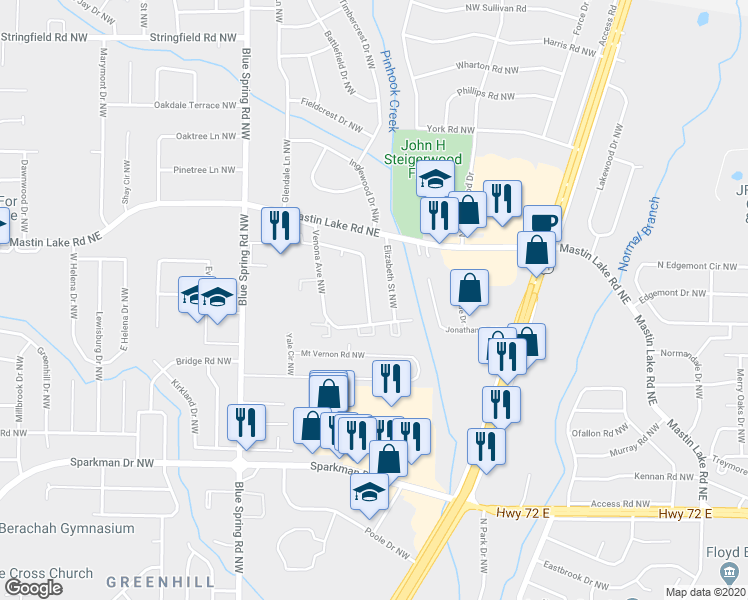 map of restaurants, bars, coffee shops, grocery stores, and more near in Huntsville