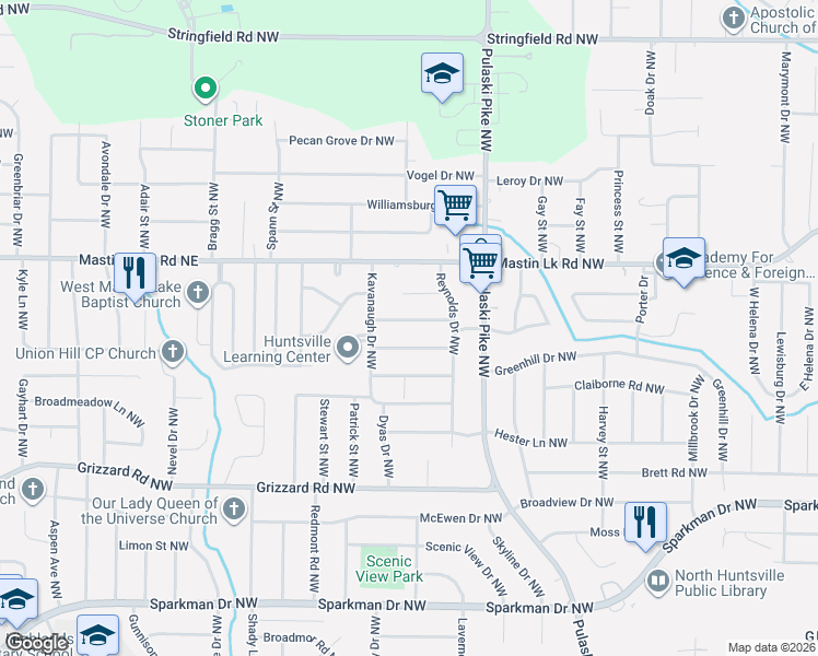 map of restaurants, bars, coffee shops, grocery stores, and more near 3607 Katherine Avenue Northwest in Huntsville
