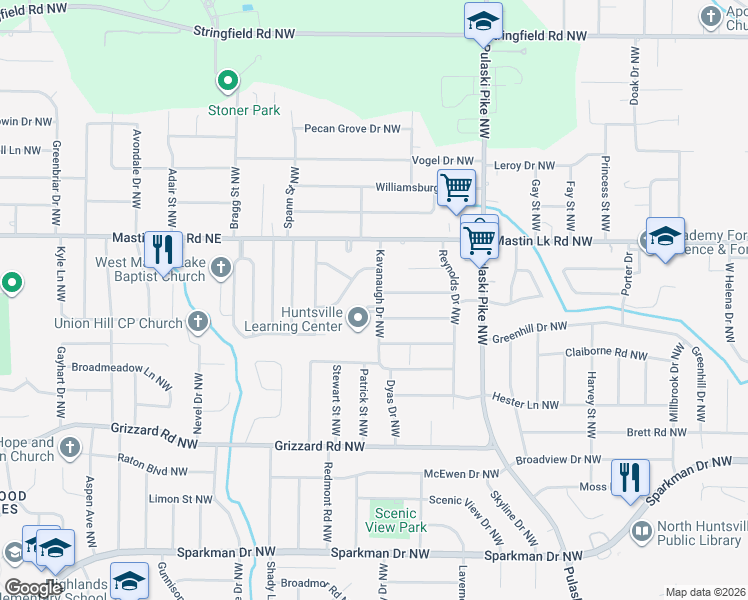 map of restaurants, bars, coffee shops, grocery stores, and more near 3305 Kavanaugh Circle Northwest in Huntsville