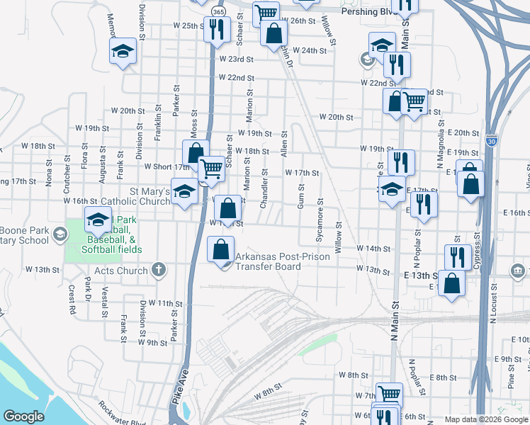 map of restaurants, bars, coffee shops, grocery stores, and more near 1500 Chandler Street in North Little Rock