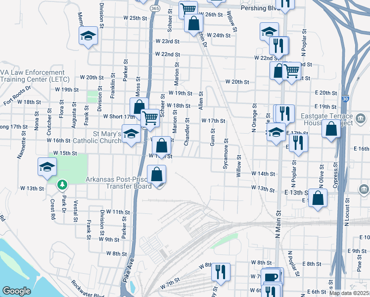 map of restaurants, bars, coffee shops, grocery stores, and more near 1500 Chandler Street in North Little Rock