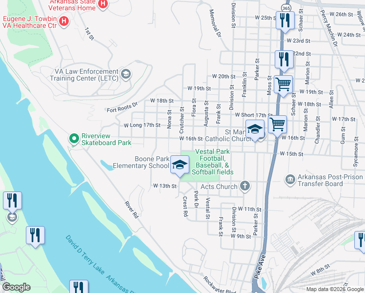 map of restaurants, bars, coffee shops, grocery stores, and more near 1501 Crutcher Street in North Little Rock
