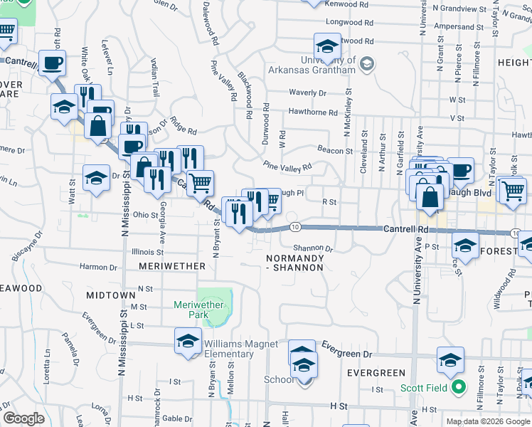 map of restaurants, bars, coffee shops, grocery stores, and more near 6820 Cantrell Road in Little Rock