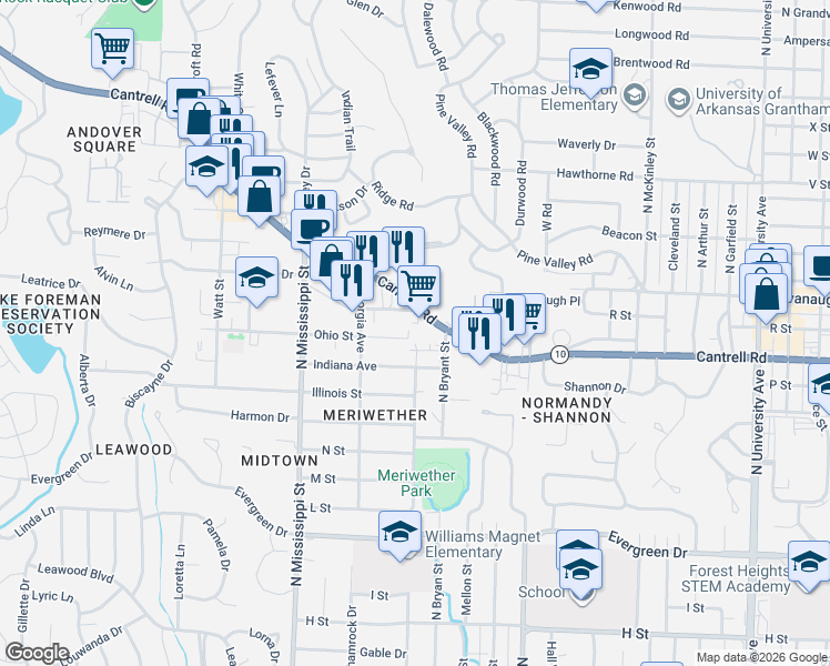 map of restaurants, bars, coffee shops, grocery stores, and more near 7111 Indiana Avenue in Little Rock