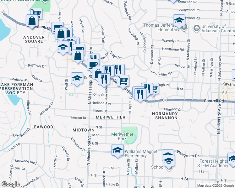 map of restaurants, bars, coffee shops, grocery stores, and more near 7302 Indiana Avenue in Little Rock