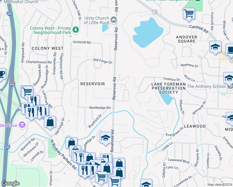 map of restaurants, bars, coffee shops, grocery stores, and more near 1812 Reservoir Road in Little Rock