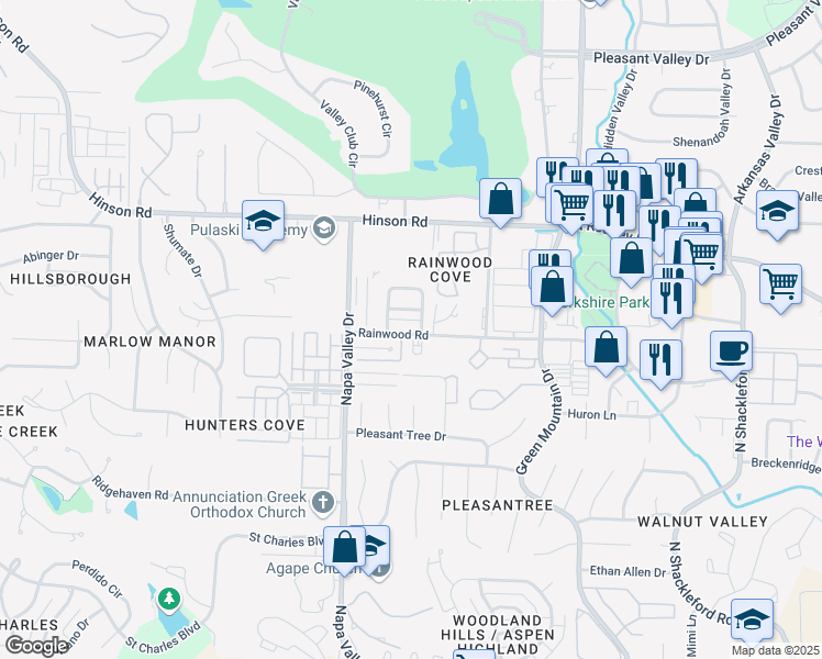 map of restaurants, bars, coffee shops, grocery stores, and more near 20 Carrollton Court in Little Rock