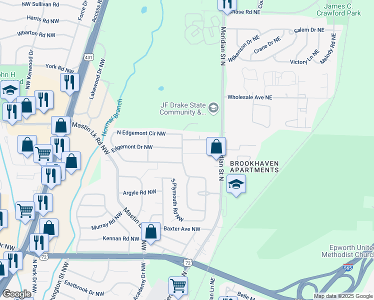 map of restaurants, bars, coffee shops, grocery stores, and more near 308 North Plymouth Road Northwest in Huntsville